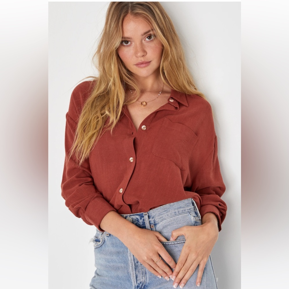 Lulus Charisma Rust Brown Long Sleeve Button-Up Top M linen blend